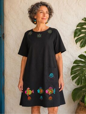 Vintage Wearable Art Fish Embroidered Black Shift Dress Teacher Core
